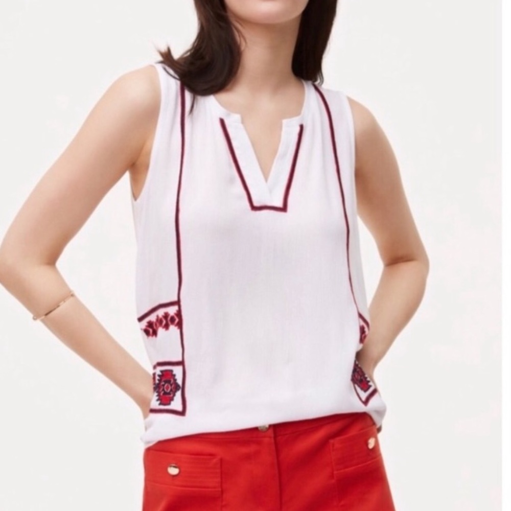 Ann Taylor LOFT Embroidered Split Neck Aztec Shell Top, Red/White/Blue - Picture 3 of 12